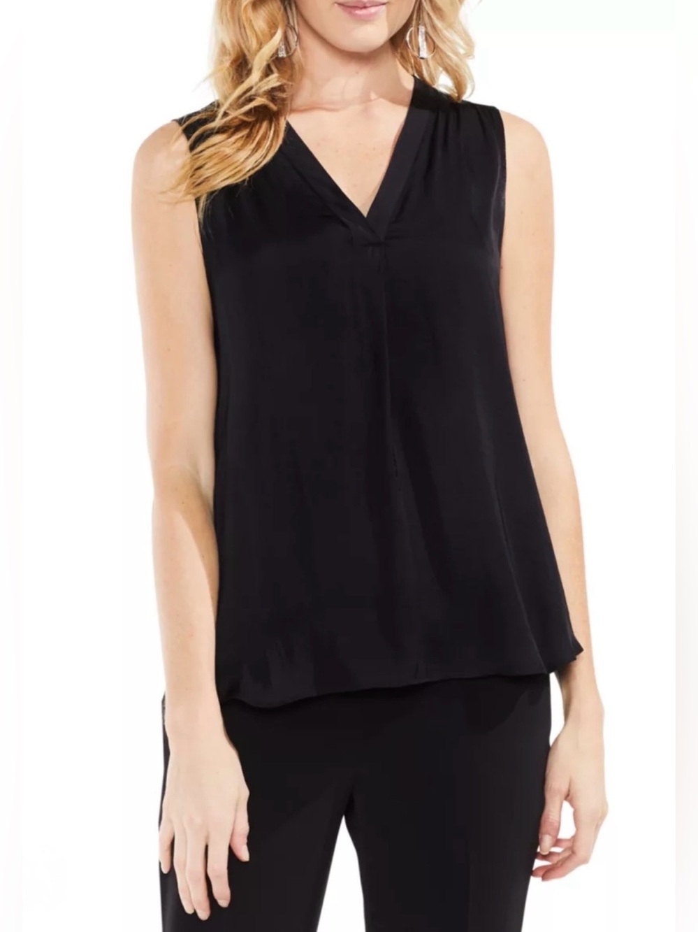 🆕 VINCE CAMUTO V-Neck Rumple Blouse Rich Black Sleeveless Size Large NWT
